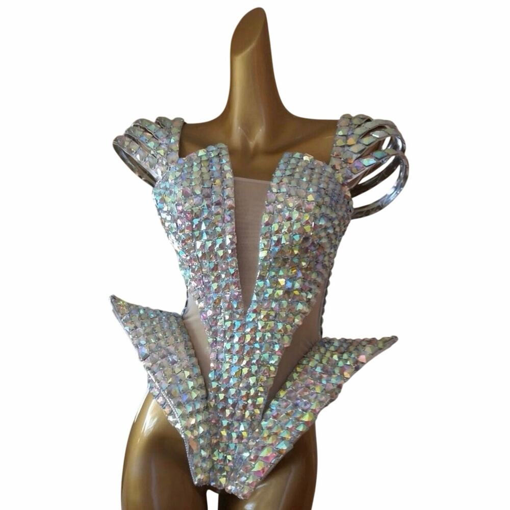 Glamour Costumes Beyoncé Burlesque Crystal Showgirl Corset Top + bodysuit XS